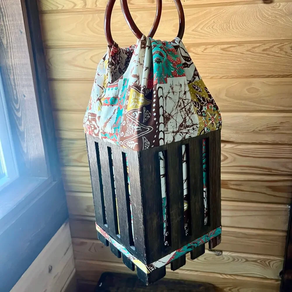 Handmade Wood Crate Basket Bag Box Purse Folk Art Patchwork Lined Rustic Decor